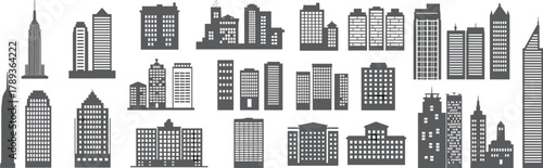 Black and white city skyline silhouettes, modern skyscraper buildings collection, urban architecture design, business cityscape illustration, metropolitan skyline art