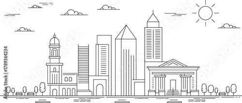 Black and white line art city skyline illustration with skyscrapers, classical buildings, trees, sun, and clouds in minimalist design