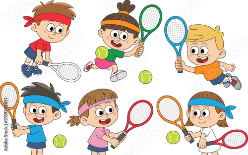 Cartoon illustration of six kids playing tennis with rackets and balls, energetic children sports activity showing fun, teamwork, and exercise