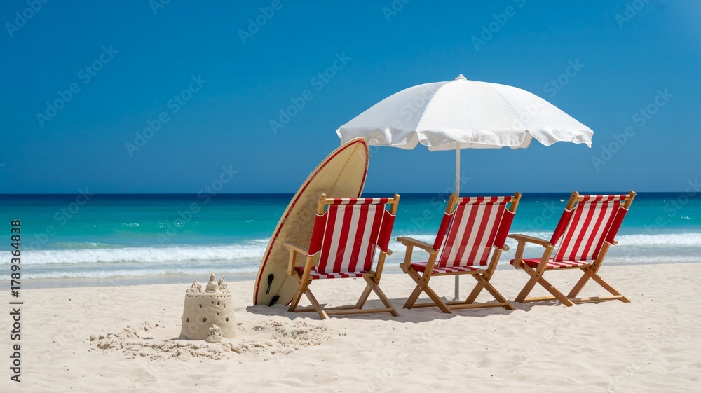 Fototapeta premium Picture summer paradise with surfboards, chairs and umbrella on tropical beach