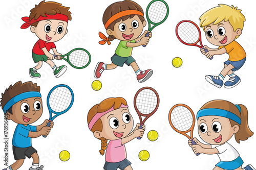 Cartoon illustration of six kids playing tennis with rackets and balls, energetic children sports activity showing fun, teamwork, and exercise