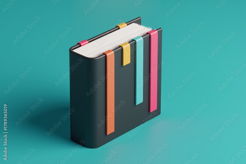 Fototapeta premium Black book on teal background, colorful sticky tabs along spine. Minimalist design, clean lines, modern aesthetic.