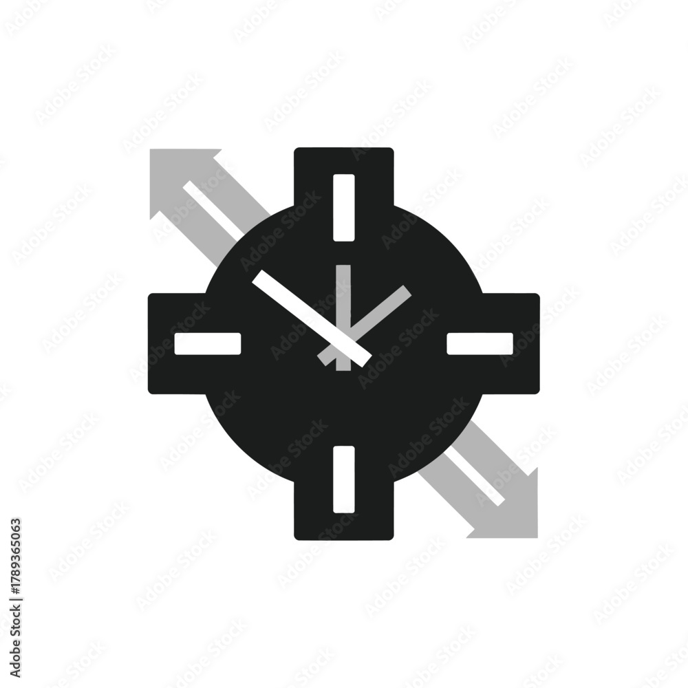 Fototapeta premium A black clock icon symbolizing time, with arrows indicating movement in opposite directions