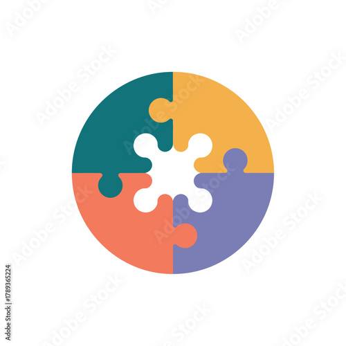 Circular jigsaw puzzle with four interlocking pieces in different colors