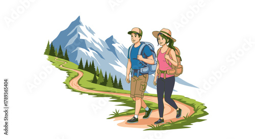A young couple with backpacks hiking together on a scenic mountain trail with a snow-capped peak in the background.