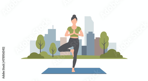 A woman practices yoga in the Vrikshasana pose on a mat in a park with city buildings in the background.