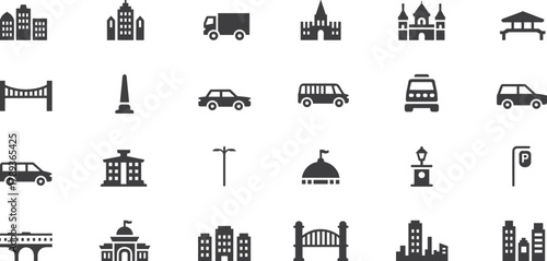 Collection of black and white city and transportation icon set including buildings, cars, bridges, and landmarks for urban design illustration
