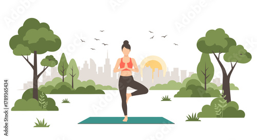 Woman practicing yoga in a park, balancing on one leg, with a cityscape background and trees.