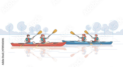 Two pairs of people kayaking on a calm lake, enjoying a sunny day outdoors.