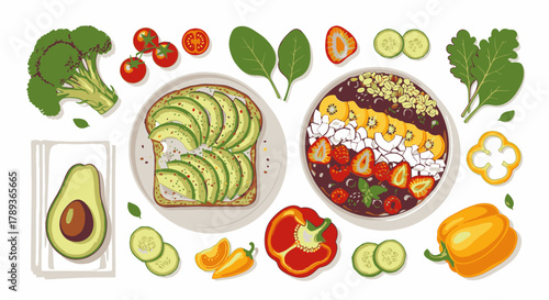 Flat lay illustration of healthy breakfast foods, including avocado toast, a fruit smoothie bowl, and fresh vegetables like peppers and broccoli.