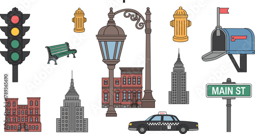 Collection of colorful city and transportation illustrations, urban street elements including taxi, skyscraper, streetlight, bench, mailbox, and traffic signal