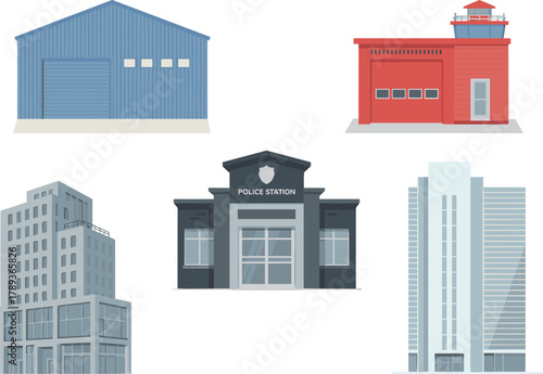 Collection of modern architecture illustrations including police station, warehouse, office building, skyscraper, and fire station in flat design