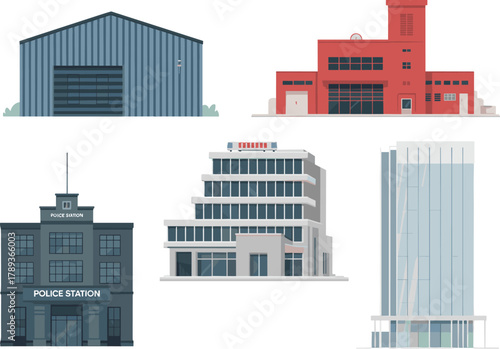 Collection of modern architecture illustrations including police station, warehouse, office building, skyscraper, and fire station in flat design