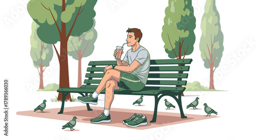 A man sits on a park bench, drinking from a straw, with shoes and pigeons nearby.