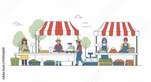 Line art illustration of an outdoor farmers' market with vendors selling fresh local produce from stalls with striped awnings.
