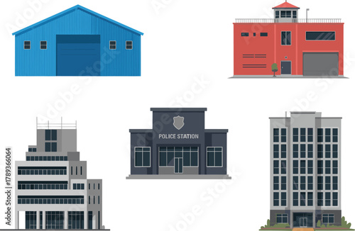 Collection of modern architecture illustrations including police station, warehouse, office building, skyscraper, and fire station in flat design