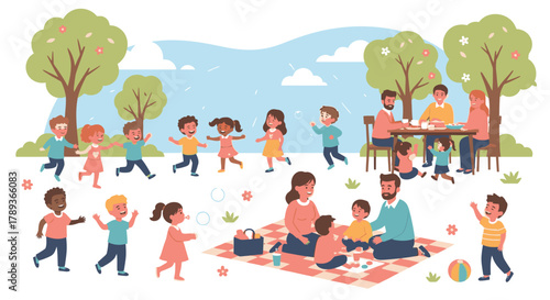 Children playing in park with parents having picnic.