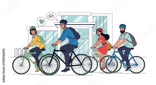 A diverse group of friends enjoy a bike ride together through a modern city, promoting sustainable transportation and an active lifestyle.