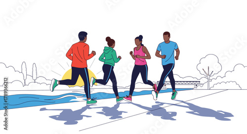 Group of four people running outdoors on a sunny day.