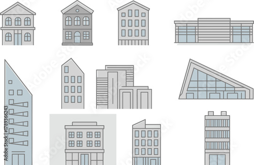 Collection of modern city buildings and houses illustration, urban architecture set, residential and commercial properties, flat minimal design icons