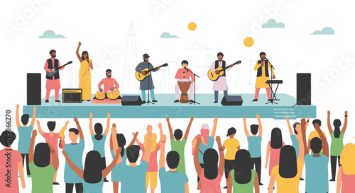 A diverse band performs on stage for an enthusiastic crowd at an outdoor music festival.