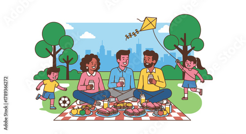 Family enjoying a picnic in the park with kite and soccer ball.