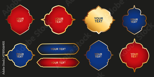 A set of 8 luxurious arabesque-style vector frames. Gold border, gradient colors (red, blue). Perfect for Eid, Ramadan, certificates, and premium designs.