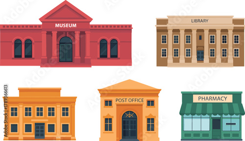 Set of public service building illustrations, including museum, library, post office, pharmacy, government architecture, civic institutions, and city landmarks