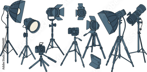 Collection of professional photography studio equipment illustration including cameras, tripods, studio lights, softboxes, and LED panels for photoshoot setup