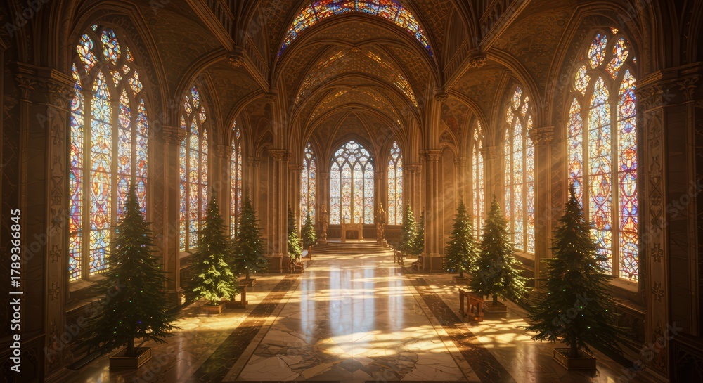 Obraz premium Grand hall decorated with christmas trees and stained glass windows in a cathedral setting
