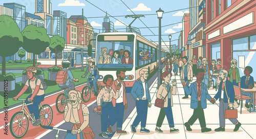 Illustration of a bustling city street with pedestrians, cyclists, and a tram.