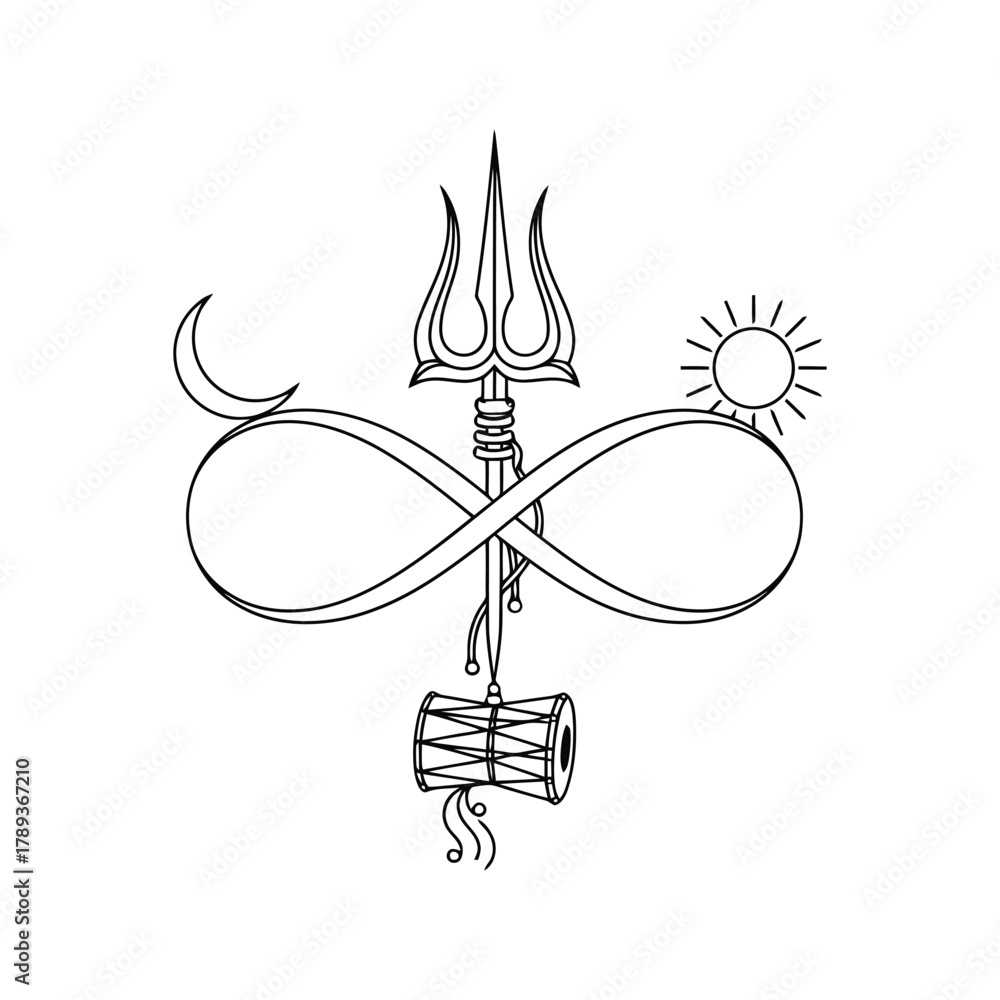 Fototapeta premium shiva symbols vector illustration, trishul, damaru, infinity, sun, and moon outline