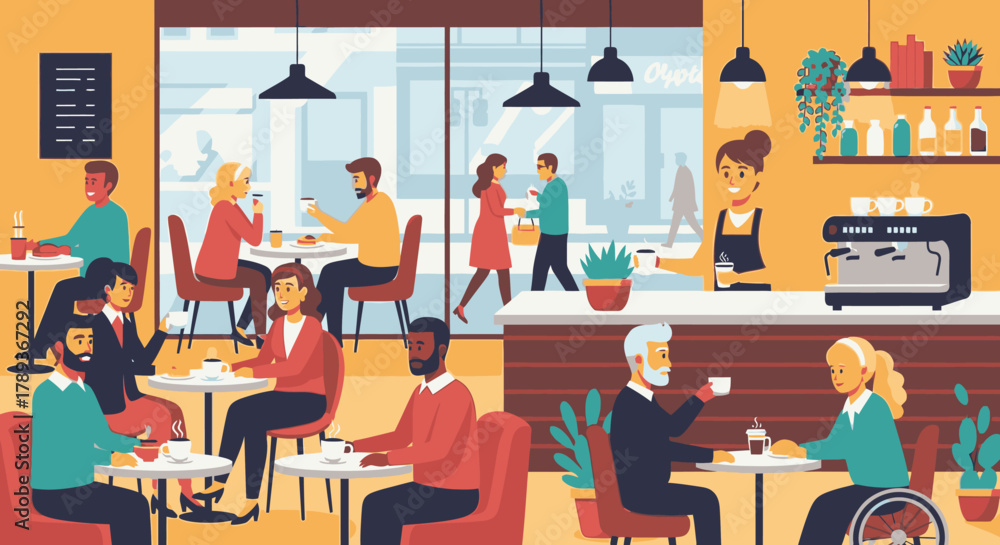 Obraz premium A bustling cafe scene with diverse patrons enjoying coffee and conversation, with baristas serving drinks.