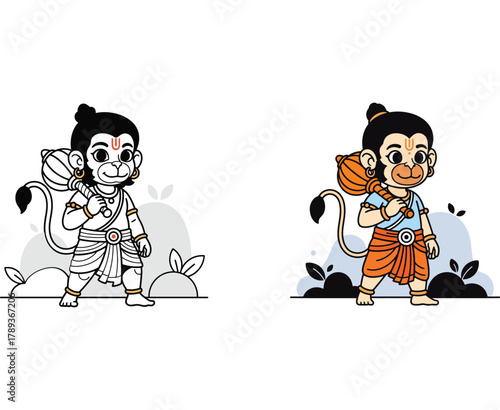 baby hanuman vector illustration, cute hindu god with mace, outline and colored versions