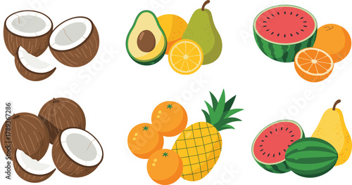 Colorful flat design illustration of tropical fruits including coconut, watermelon, avocado, orange, pear, and pineapple isolated on white background