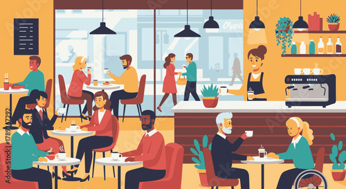 A bustling cafe scene with diverse patrons enjoying coffee and conversation, with baristas serving drinks.