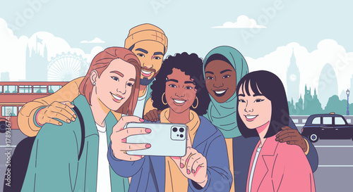 A diverse group of young friends taking a happy selfie together while sightseeing in London.