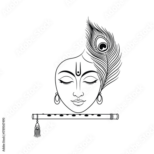lord krishna vector illustration hindu god face with peacock feather and flute outline