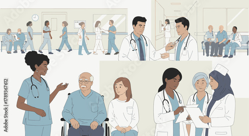 Various scenes depicting healthcare professionals interacting with patients and colleagues in a hospital environment, highlighting medical care and collaboration.