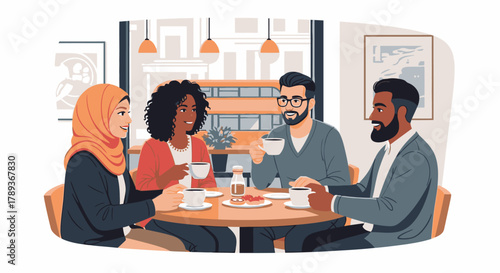 Diverse group of people enjoying coffee and conversation at a cafe table, fostering connection.