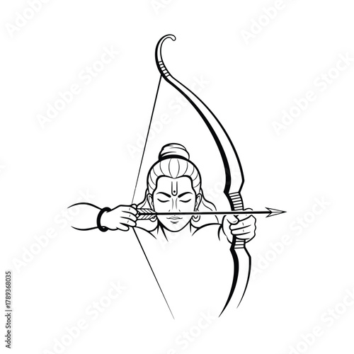 lord rama vector illustration hindu god aiming bow and arrow, warrior outline art