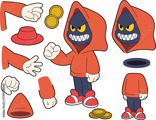 Cool cartoon character in red hoodie and sneakers, street-style mascot design with accessories, confident expression, and comic urban attitude