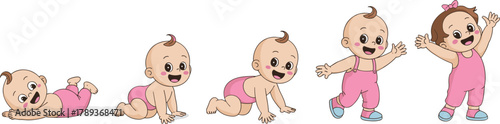 Cute baby growth stages cartoon illustration, newborn crawling sitting standing walking development process, adorable child character evolution, early childhood concept, vector design