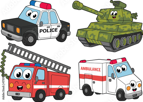 Cute cartoon emergency vehicles and military tank illustration featuring police car, fire truck, and ambulance with smiling faces for kids