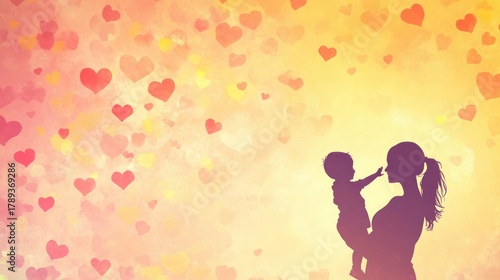 Mother and child silhouette, love hearts background, family bond