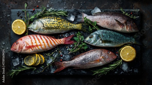 Top view of multiple fresh whole fish with herbs and lemon slices on dark stone surface, moisture and ice texture visible, professional food styling, 8k realistic detail, copy space