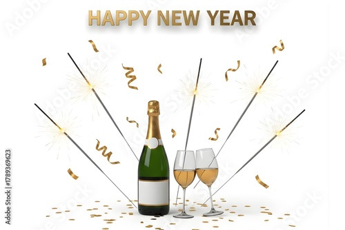 Happy New Year Celebration Elements with Champagne and Confetti Isolated on White