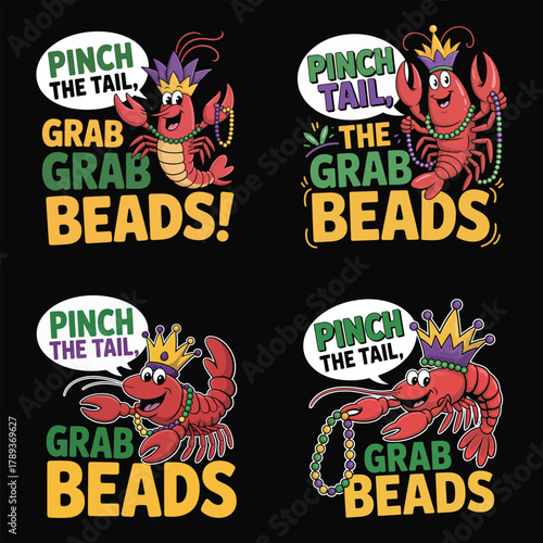 Four cartoon crawfish wearing crowns and Mardi Gras beads Keywords: crawfish, crayfish, lobster