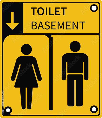 Restroom sign pointing to basement for male and female wc direction