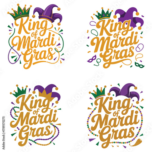King of Mardi Gras text with crowns and jester hats Keywords: Mardi Gras, king, text, lettering